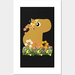 Cute Brown Kawaii Capybara sitting in flowers Posters and Art